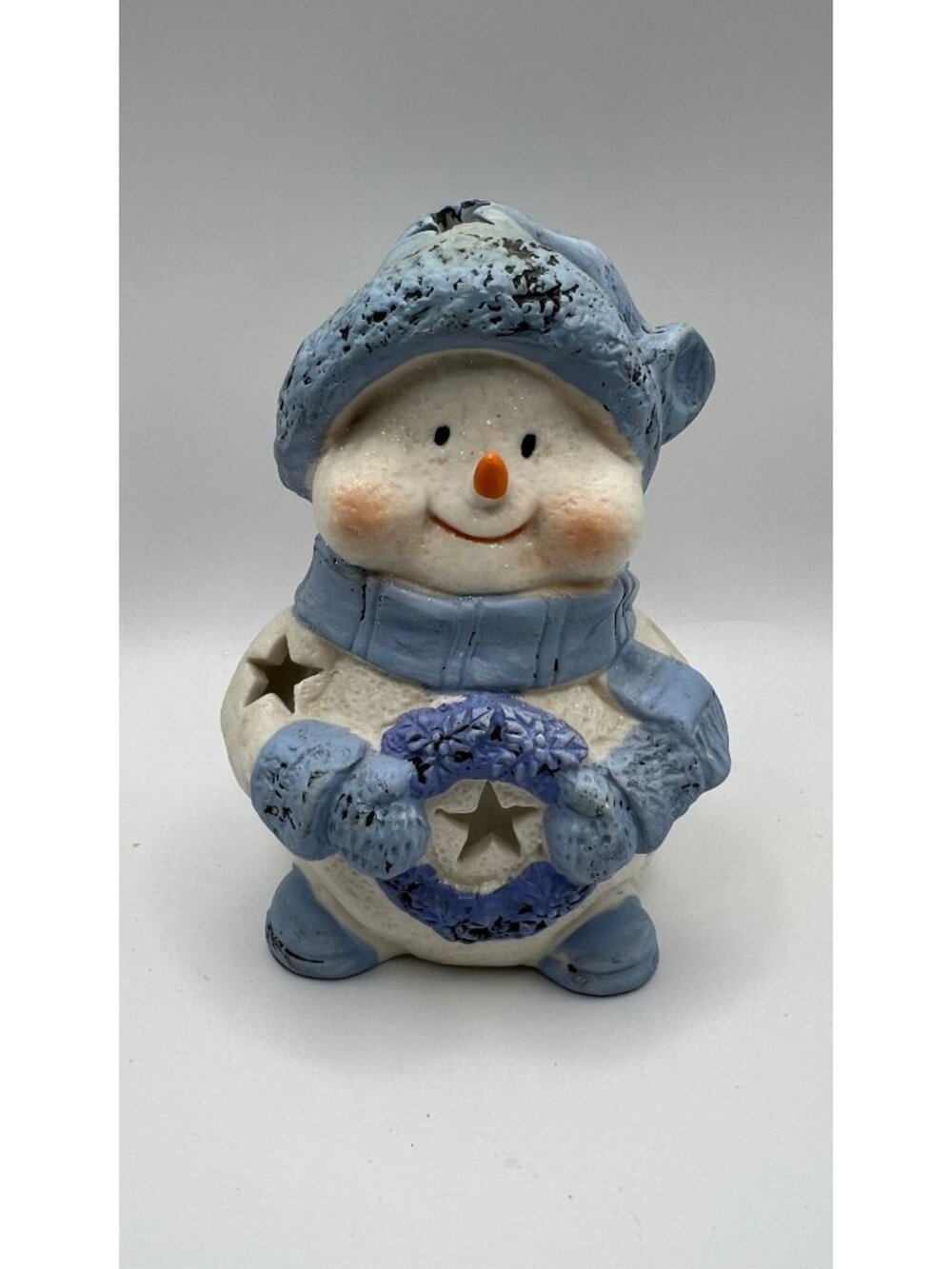 Snowman Tea Light Candle Holder Winter Star Cutouts Rustic Decor